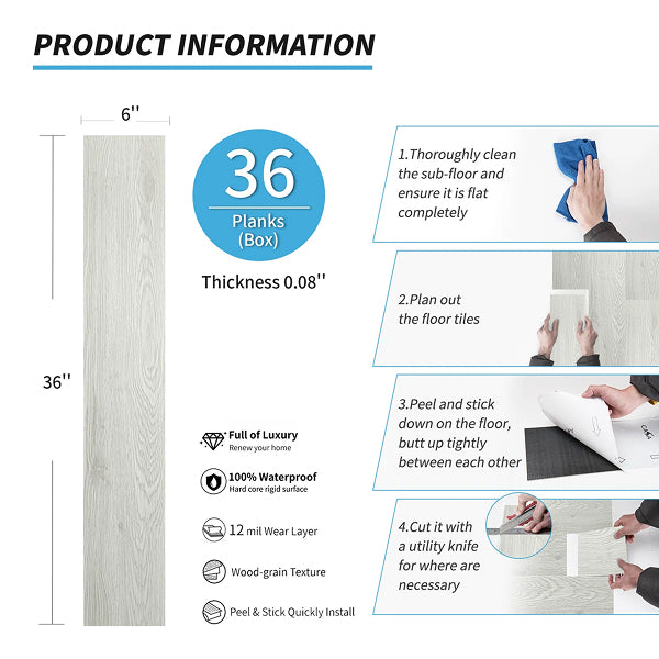 6'' W X 36'' L Peel and Stick Luxury Vinyl Floor Plank, Rigid Core Vinyl Flooring Wood Look (Set of 36)