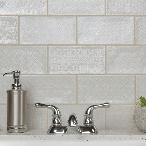 Merola Tile Camden Decor Antique Bianco Ceramic Wall Tile 4 inch Width 8 inch Length 11.5 sq ft/case Glossy Subway Pattern Finish