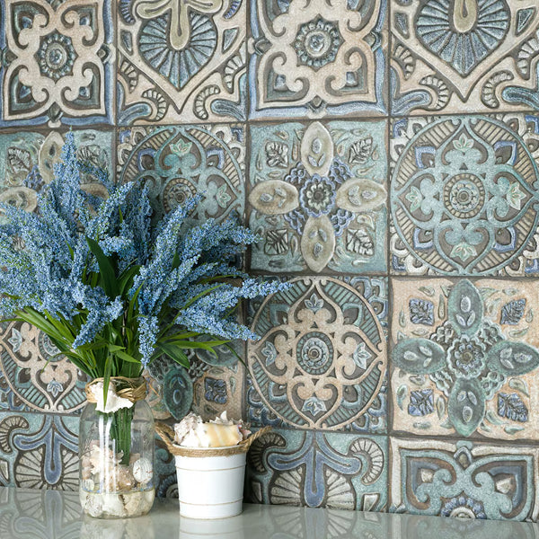 Merola Tile Mandala Decor Mix 7-7/8 inch x 7-7/8 inch Ceramic Wall Tile 11.29 sq. ft./case – Textured Pattern Finish
