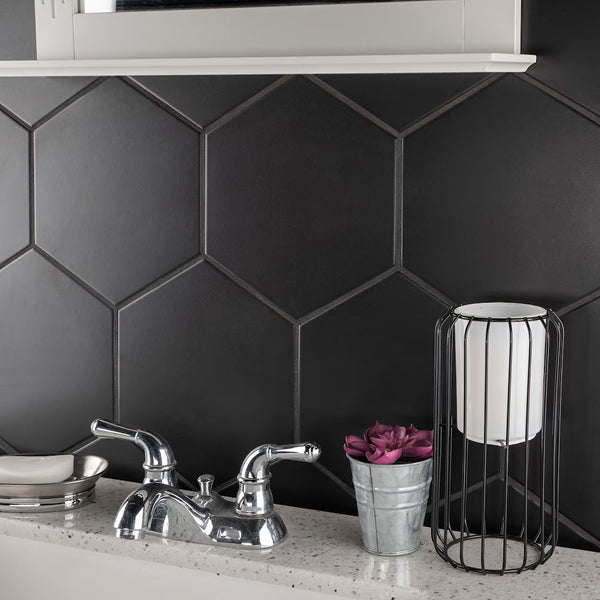 Merola Tile Textile Basic Hex Black Porcelain Tile 8.63 inch x 9.88 inch – 11.5 sq. ft. per Case Glossy Stone-Look Finish