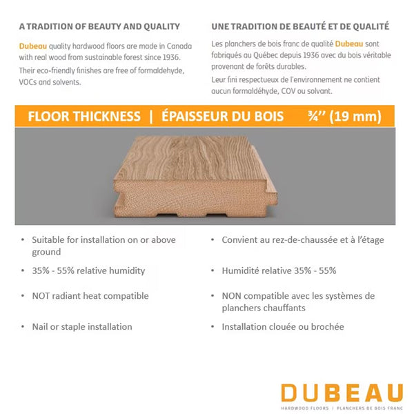 Plancher en érable massif Dubeau Floors, fini mat naturel, 1,9 cm d'épaisseur x 8,9 cm de largeur x longueur variable (20 pi²/caisse)