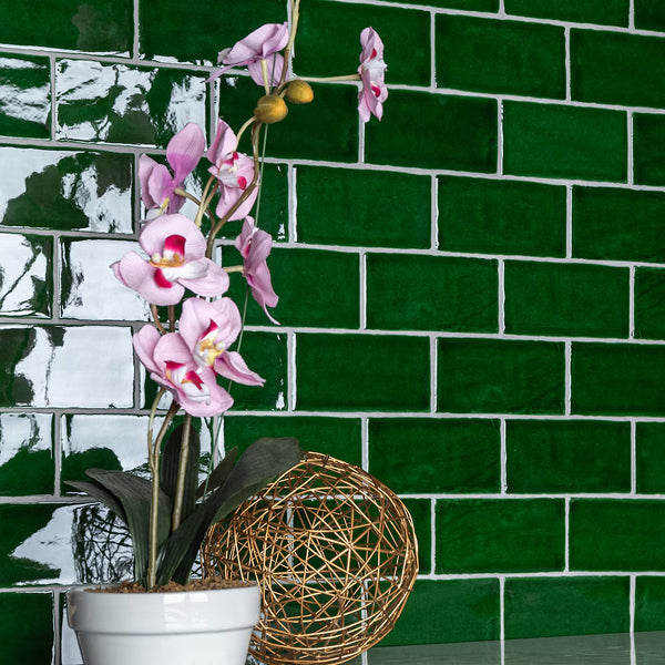 Merola Tile Viva Antic Verde Ceramic Wall Tile 3 inch Width 6 inch Length 4.16 sq ft/case Glossy Subway Crackle Finish