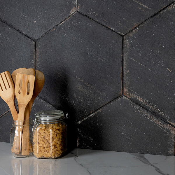 Merola Tile Retro Hex Nero Porcelain Tile 14.13 inch x 16.25 inch – 11.05 sq. ft. per Case Matte Wood Look Finish