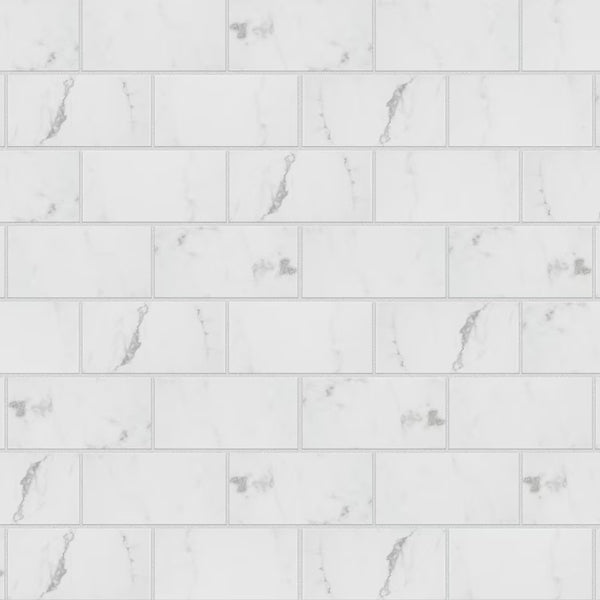 Merola Tile Classico Carrara Glossy Ceramic Subway Wall Tile 0.34 inch Thick 3 inch Wide 6.03 sq. ft. per Case – Marble Look High Sheen Finish