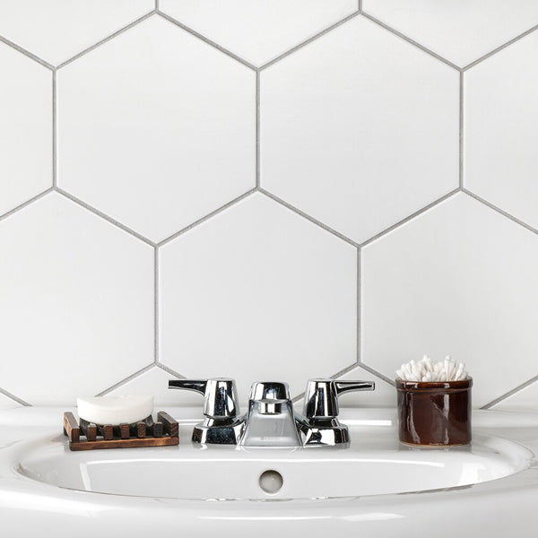 Merola Tile Textile Basic Hex White Porcelain Tile 8.63 inch x 9.88 inch – 11.5 sq. ft. per Case Glossy Stone-Look Finish