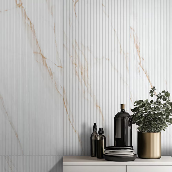 MSI Stone ULC Golden Sunset 16 inch x 48 inch Ceramic Fluted Wall Tile 0.42 inch Thick 5.17 sq ft/each Satin Finish Marble Look