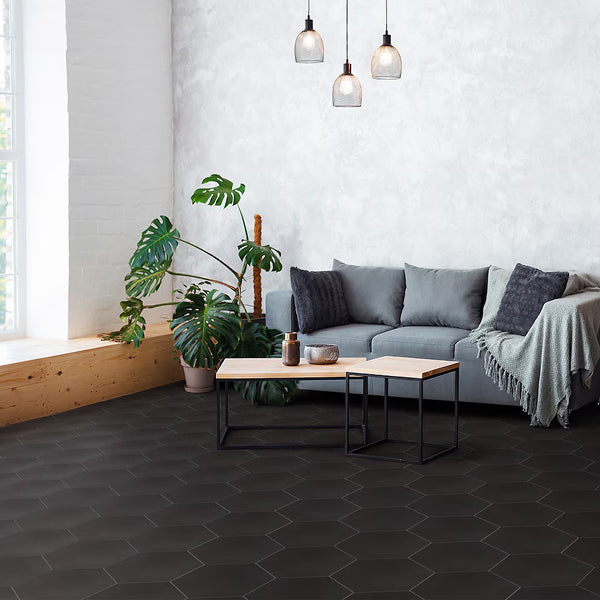 Merola Tile Textile Basic Hex Black Porcelain Tile 8.63 inch x 9.88 inch – 11.5 sq. ft. per Case Glossy Stone-Look Finish