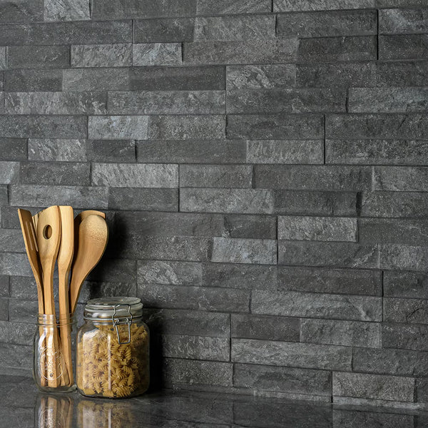 Merola Tile Ordino Black Porcelain Wall Tile 3.25 inch x 17.5 inch – 9.6 sq. ft. per Case Textured Stone Look Finish
