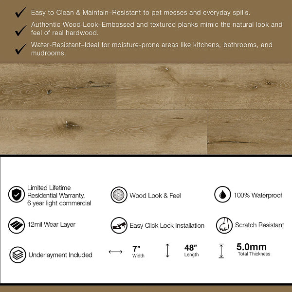 Hayes 7 In. X 48 In. 12mil 5mm Waterproof Rigid Core Luxury Vinyl Plank Flooring