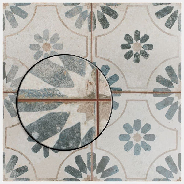 Merola Tile Kings Blume Encaustic Blue 9.63 inch x 9.63 inch Ceramic Floor and Wall Tile Sample – Vintage Patterned Matte Finish