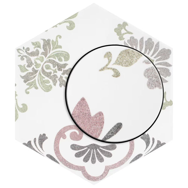 Merola Fantasy Hex Pink Porcelain Tile 0.38 inch Thick 8.63 inch x 9.88 inch 11.5 sq. ft./case Satin Textured Hexagon