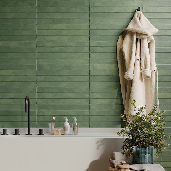 Merola Tile Phoenix Green Porcelain Floor and Wall Tile 1.88 inch x 17.75 inch x 0.33 inch – 7.424 sq. ft./Case, Matte Subway Look Finish