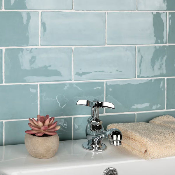 Merola Tile SAMPLE - Castillo Sky 2.88 inch x 5.88 inch Ceramic Subway Wall Tile, Glossy Aqua Blue Finish