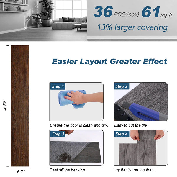 6.2" W x 39.4" L Peel and Stick Wood Look Vinyl Flooring, Self-adhesive Vinyl Flooring (Set of 36)