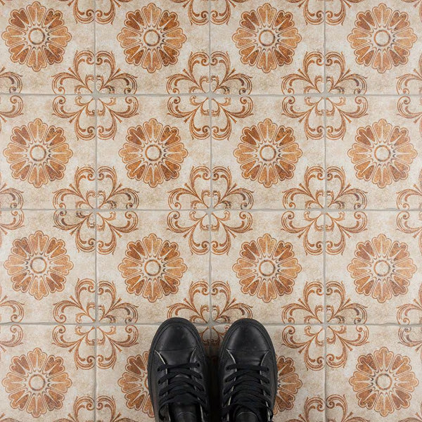 Merola Tile Costa Arena Decor Fleur 7.75 inch x 7.75 inch Ceramic Floor and Wall Tile – 11.11 sq ft per Case, Rustic Floral Stone Look Matte Finish Indoor Tile