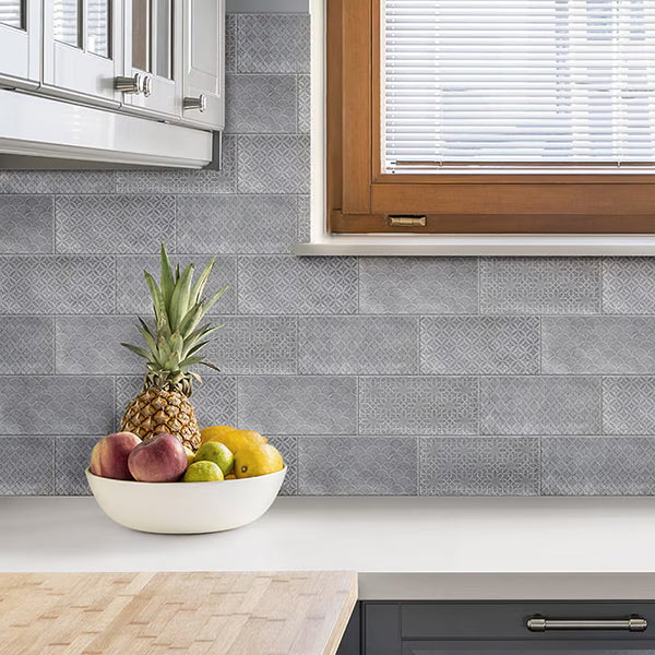 Merola Tile Camden Decor Grey 4 inch x 8 inch Ceramic Wall Tile 11.5 sq. ft./case – Glossy Patterned Subway Finish