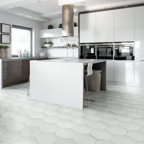 Merola Tile Textile Basic Hex White Porcelain Tile 8.63 inch x 9.88 inch – 11.5 sq. ft. per Case Glossy Stone-Look Finish